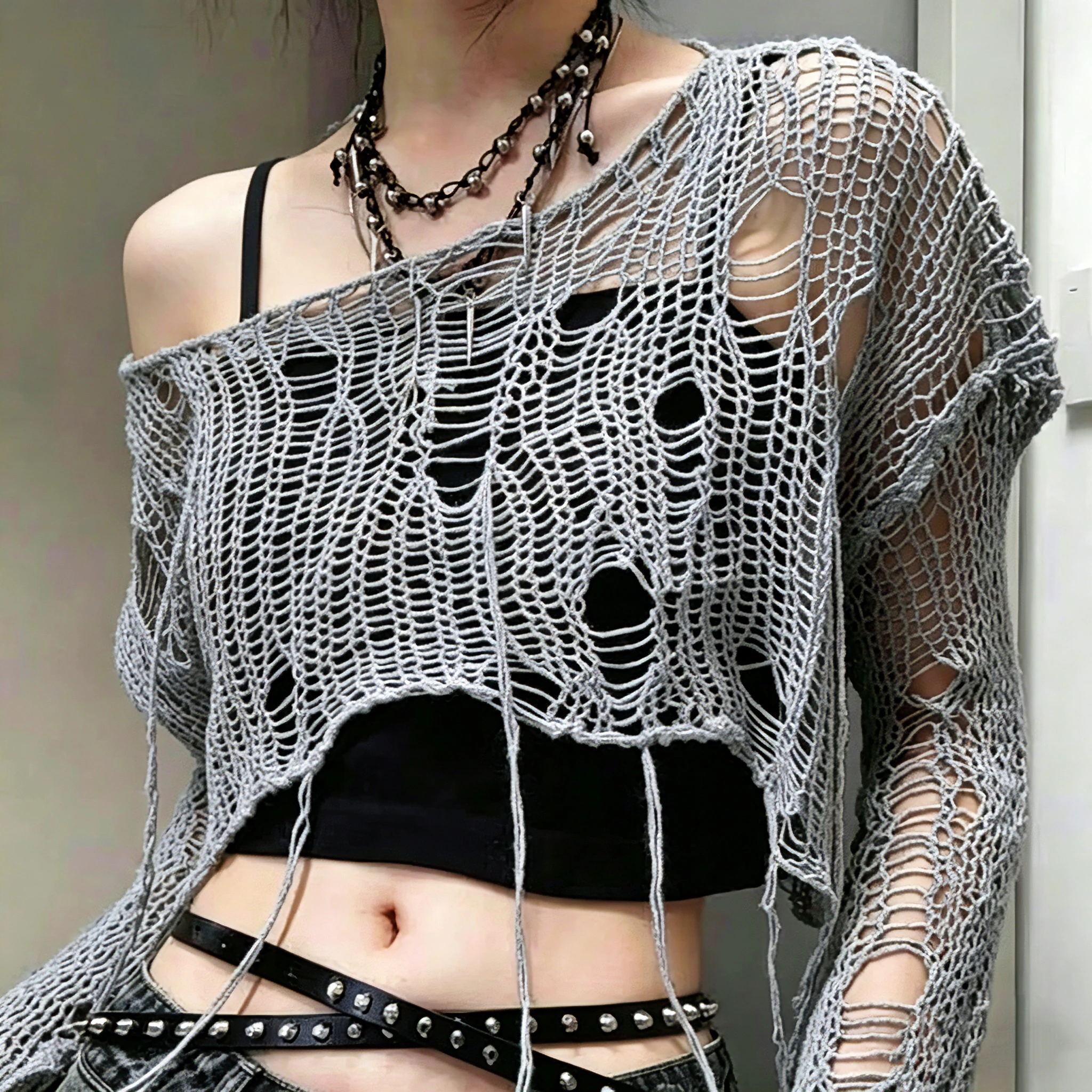 Sweter damski ażurowy z dziurami grunge y2k Harajuku Szary