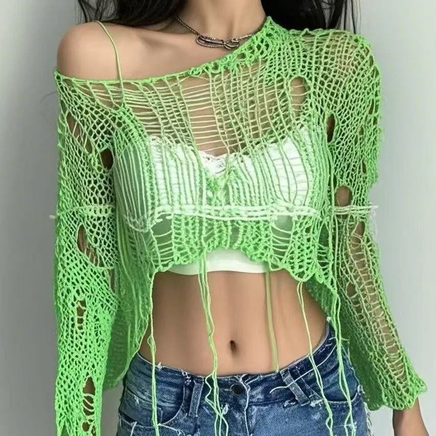 Sweter damski ażurowy z dziurami grunge y2k Harajuku Zielony
