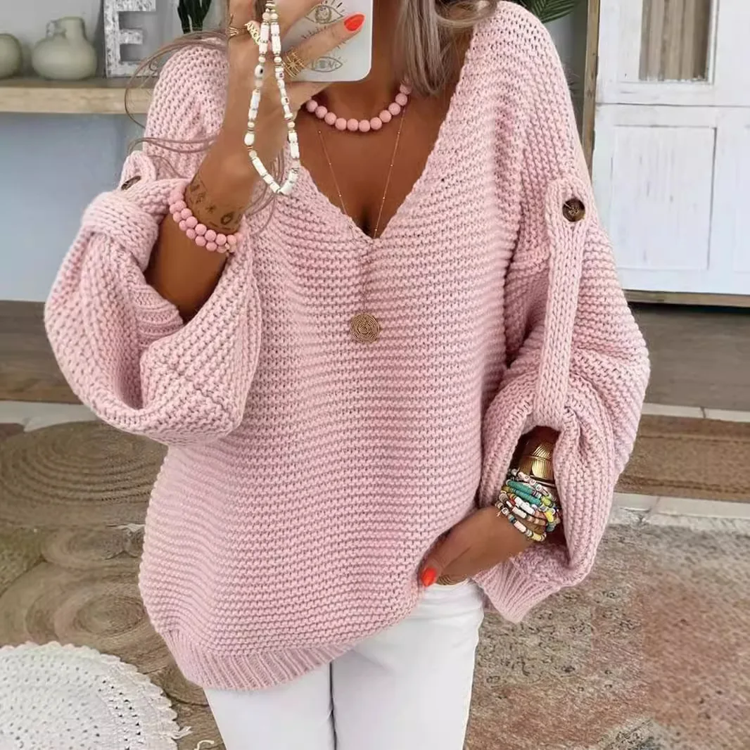 Sweter damski z dekoltem V i guzikami — elegancki i regulowany Różowy
