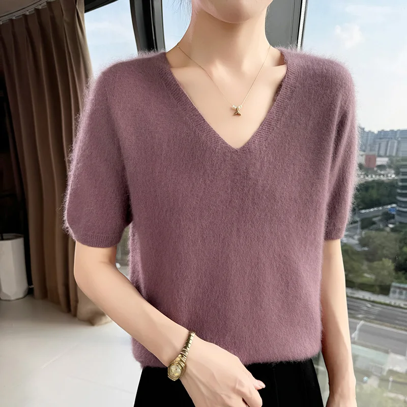 Sweter damski z dekoltem V krótki rękaw wełna norki Fioletowy