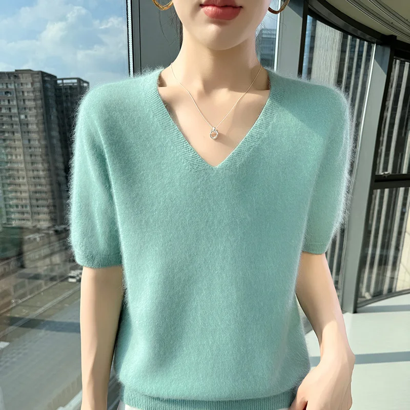 Sweter damski z dekoltem V krótki rękaw wełna norki Mięta