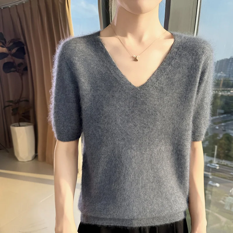 Sweter damski z dekoltem V krótki rękaw wełna norki Szary