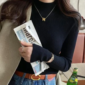 Sweter damski z dekoltem w stylu vintage koreańskim Czarny