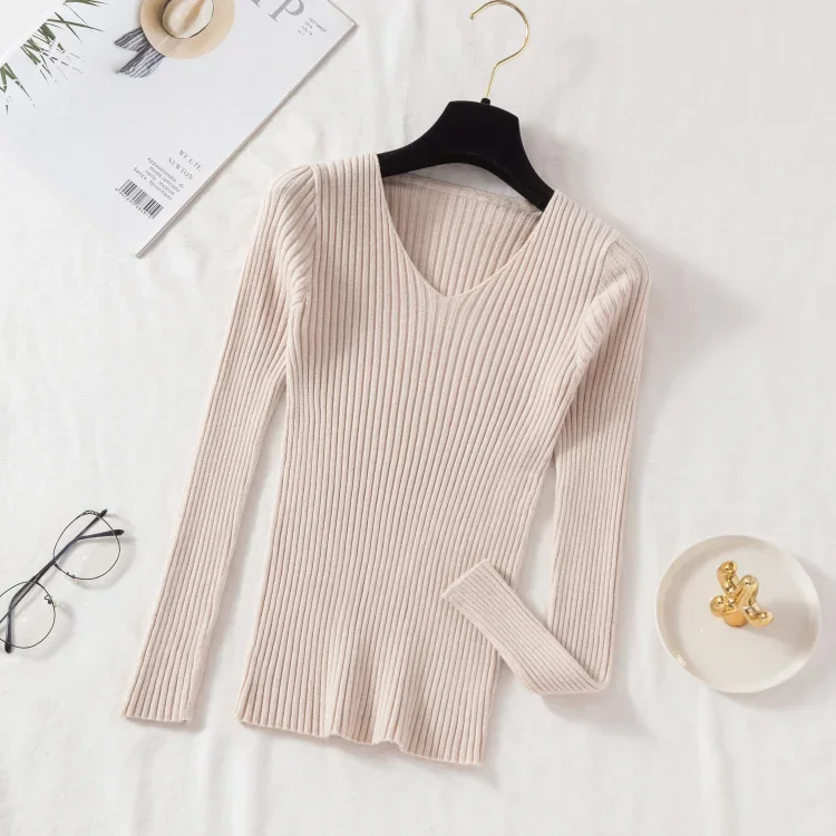 Sweter damski z dekoltem V, dzianinowy basic w wielu kolorach Beżowy