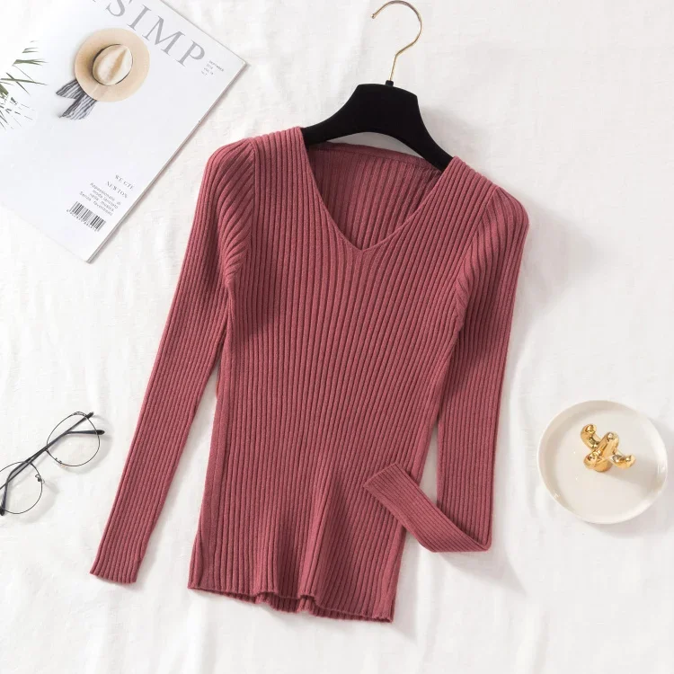 Sweter damski z dekoltem V, dzianinowy basic w wielu kolorach Bordowy