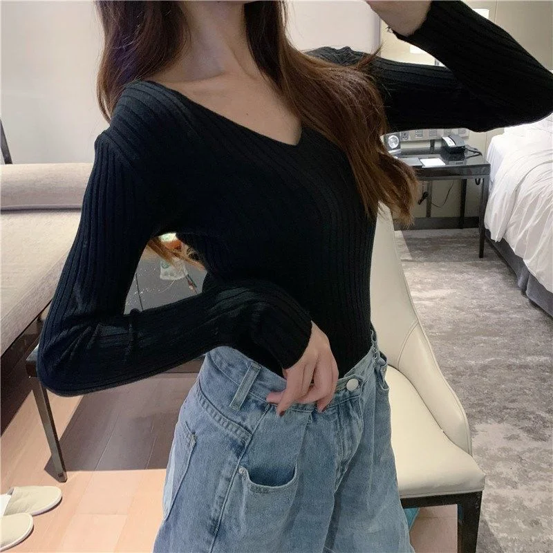 Sweter damski z dekoltem V, dzianinowy basic w wielu kolorach Czarny