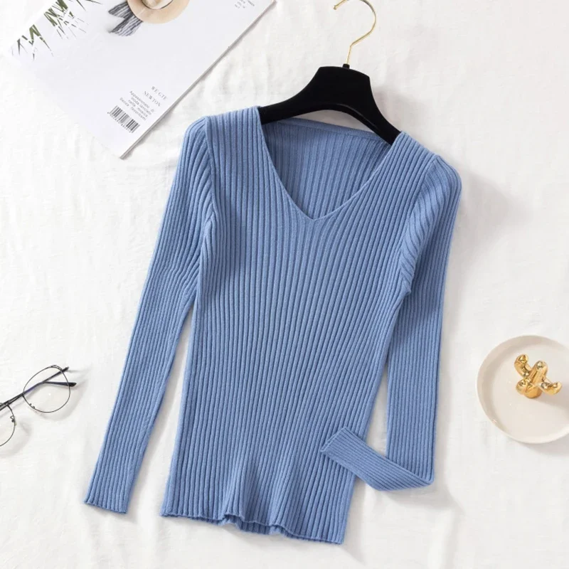 Sweter damski z dekoltem V, dzianinowy basic w wielu kolorach Niebieski
