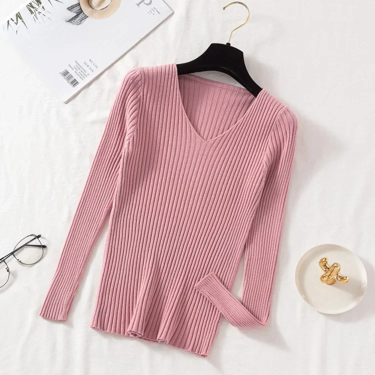 Sweter damski z dekoltem V, dzianinowy basic w wielu kolorach Różowy