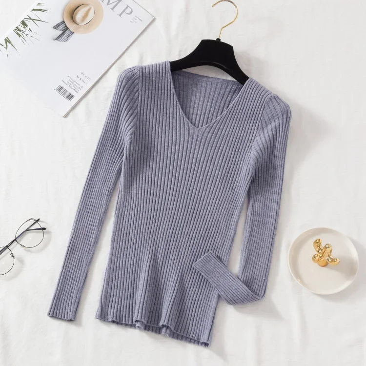 Sweter damski z dekoltem V, dzianinowy basic w wielu kolorach Szary