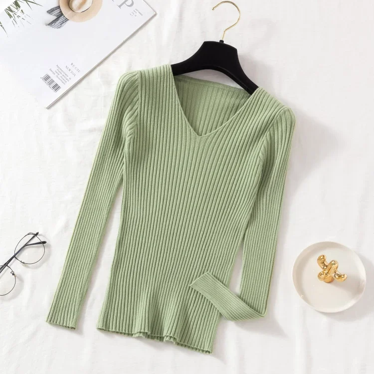 Sweter damski z dekoltem V, dzianinowy basic w wielu kolorach Szmaragd