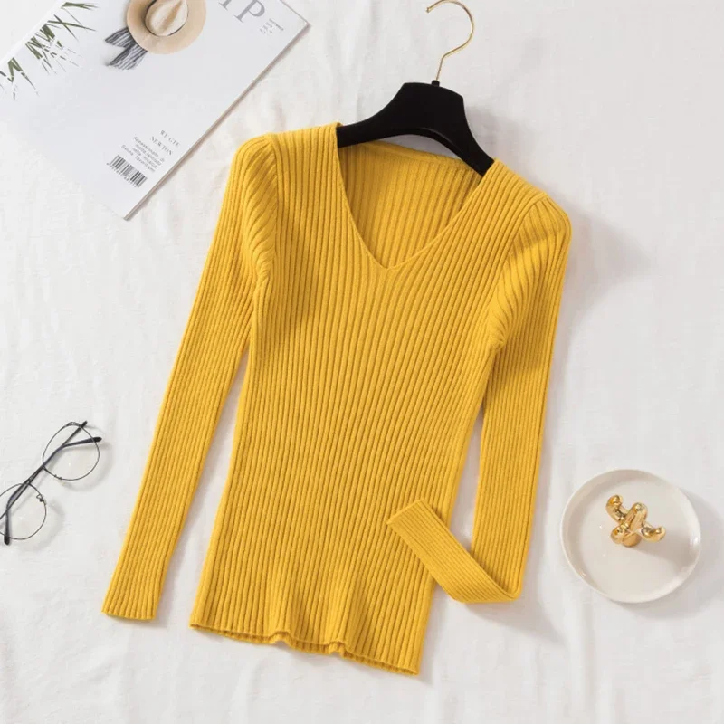 Sweter damski z dekoltem V, dzianinowy basic w wielu kolorach żółty