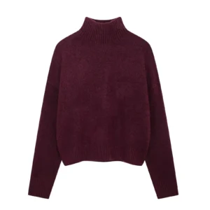 Sweter damski z golfem burgundowy dzianinowy ciepły Błękitny