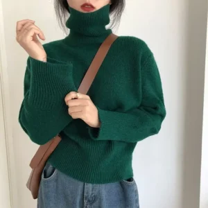 Sweter damski z golfem oversize – vintage streetwear Zielony