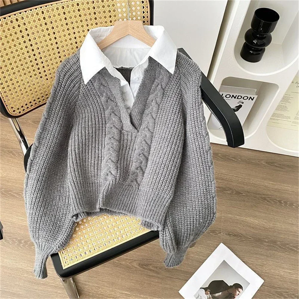 Sweter damski z imitacją dwuczęściowego kompletu Szary