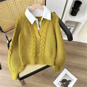 Sweter damski z imitacją dwuczęściowego kompletu żółty