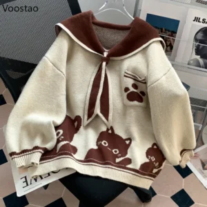 Sweter damski z kołnierzykiem marynarskim i kotem Beżowy
