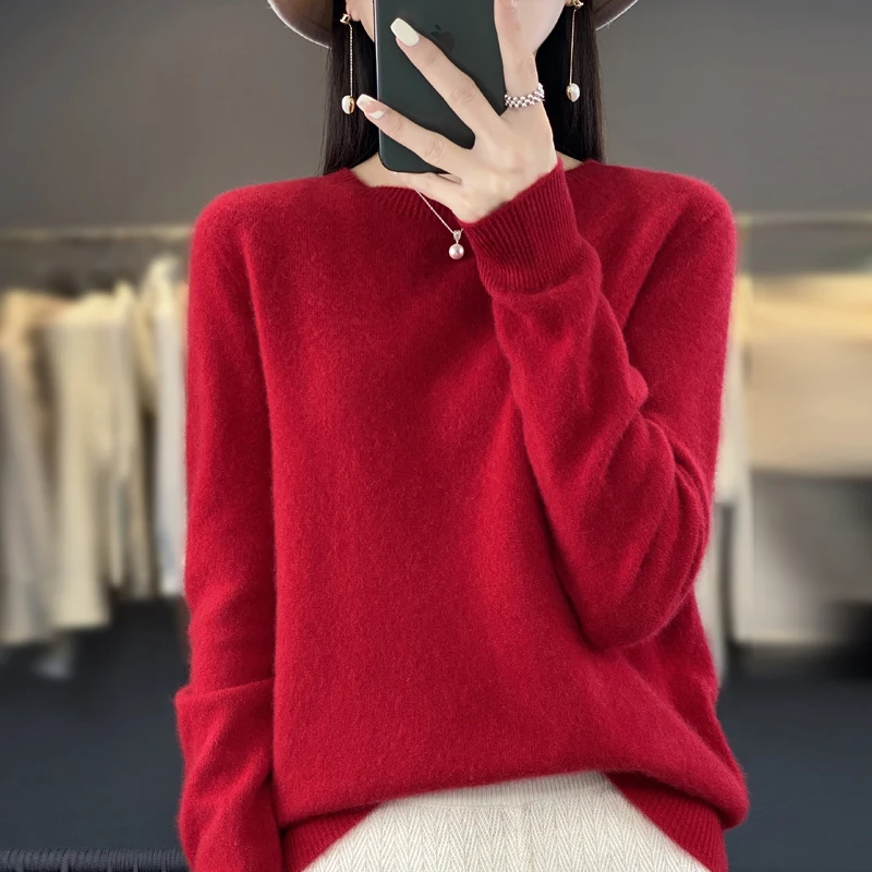 Sweter damski 100% merino z okrągłym dekoltem Czerwony
