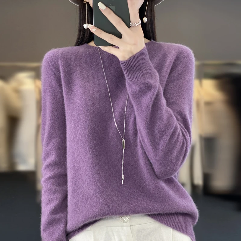 Sweter damski 100% merino z okrągłym dekoltem Fioletowy