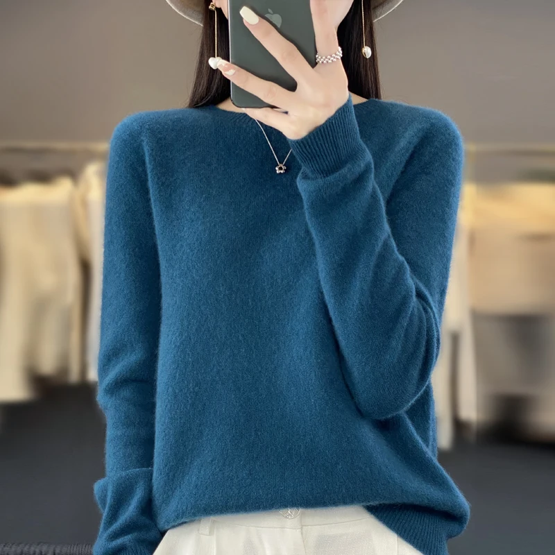 Sweter damski 100% merino z okrągłym dekoltem Granatowy