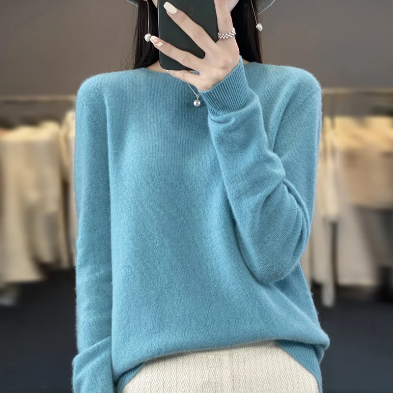 Sweter damski 100% merino z okrągłym dekoltem Jezioro błękitne