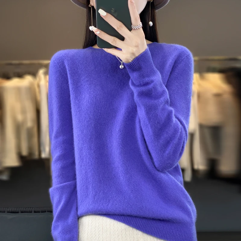 Sweter damski 100% merino z okrągłym dekoltem Niebieski
