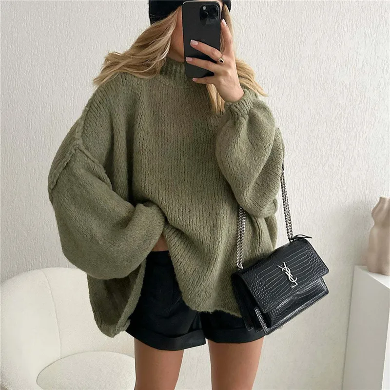 Sweter damski oversize z golfem dzianinowy Błękitny