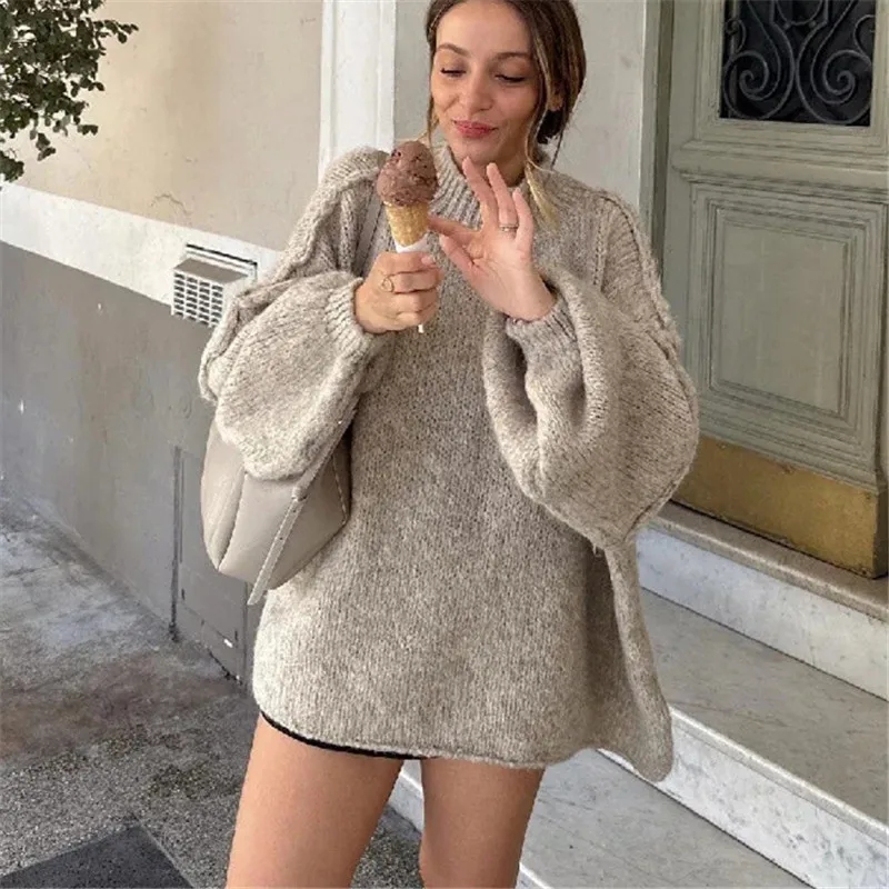 Sweter damski oversize z golfem dzianinowy Zielony