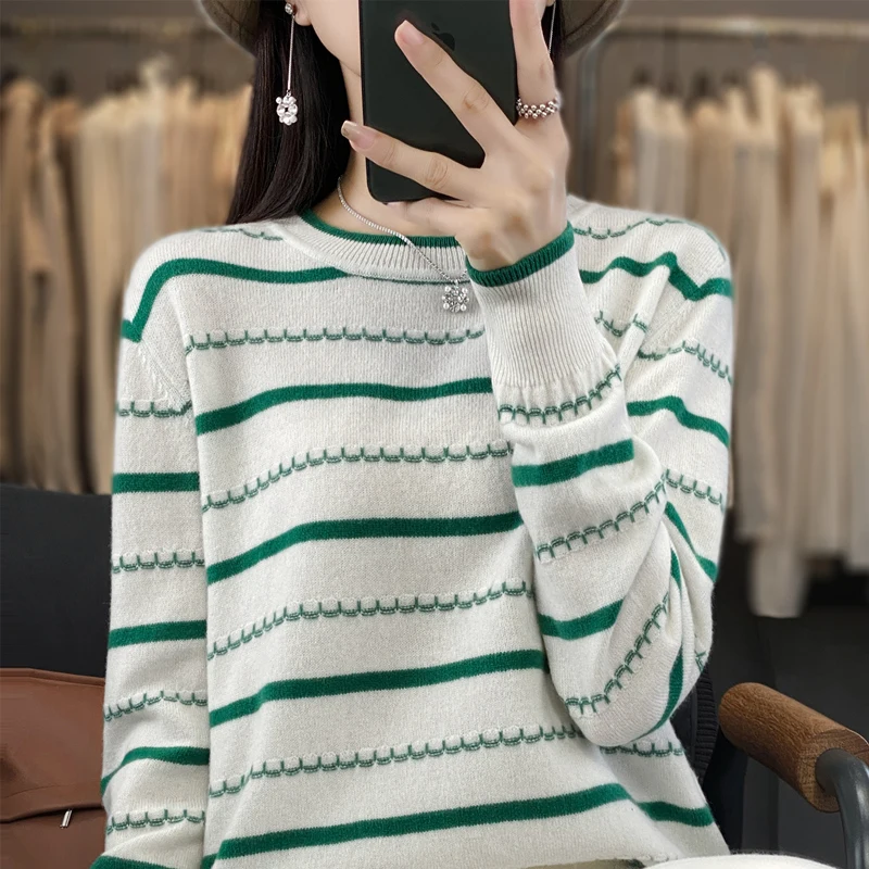 Sweter damski w paski dwukolorowy z bawełny z długim rękawem Jasny zielony