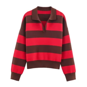 Sweter damski w paski w stylu vintage z długim rękawem Zielony