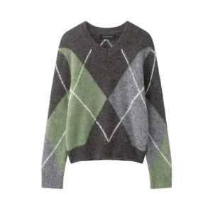 Sweter damski w romby oversize – elegancki dzianinowy high street Błękitny