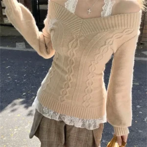Sweter damski vintage z dekoltem w serek, slim fit, seksowny Morela