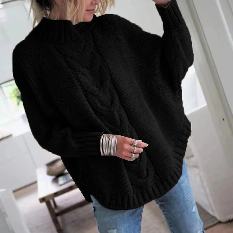 Sweter damski vintage z golfem luźny casualowy Czarny