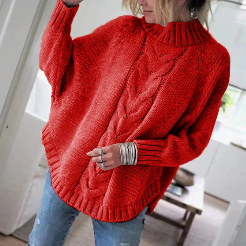 Sweter damski vintage z golfem luźny casualowy Czerwony