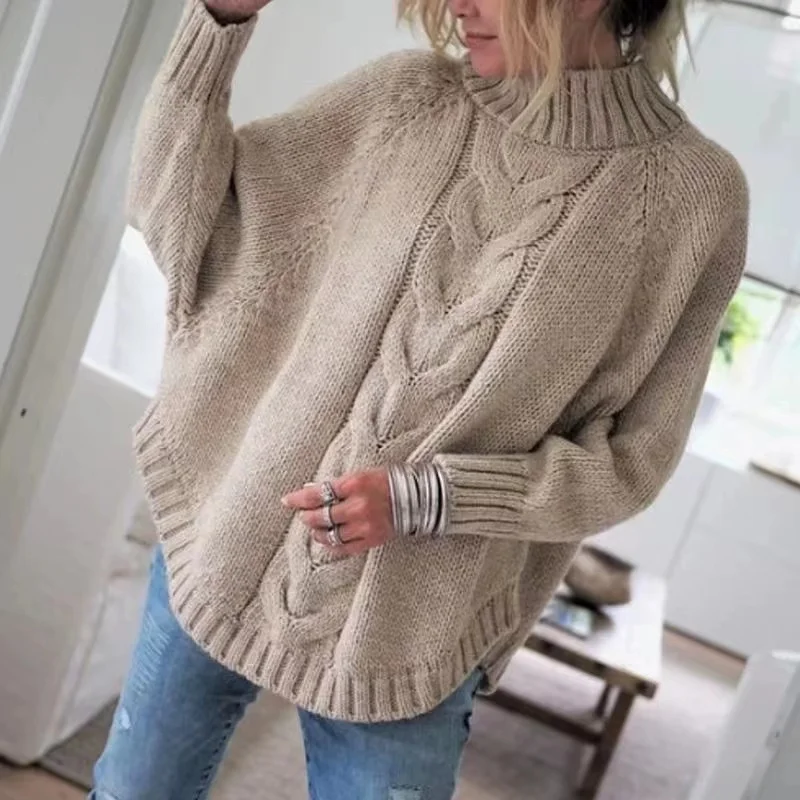 Sweter damski vintage z golfem luźny casualowy Khaki