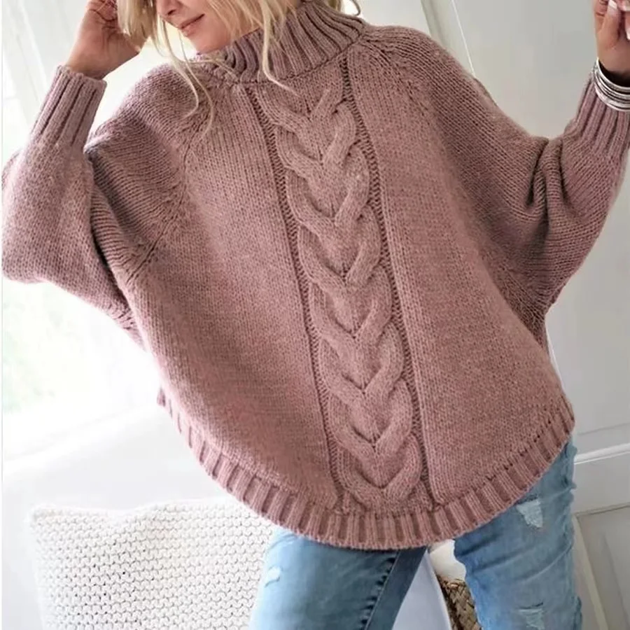Sweter damski vintage z golfem luźny casualowy Różowy