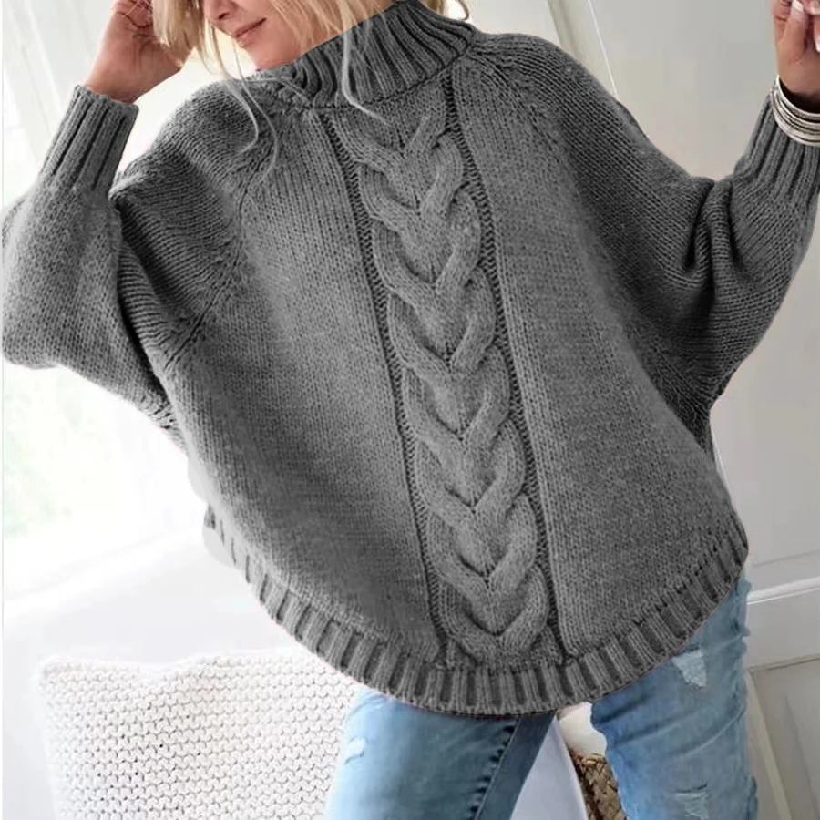 Sweter damski vintage z golfem luźny casualowy Szary