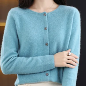 Sweter damski z wełny merino 100% z okrągłym dekoltem Błękitny