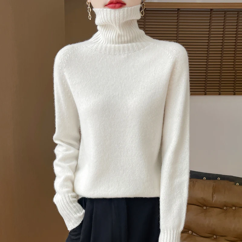 Sweter damski z wełny merynosowej 100% długi rękaw Biały