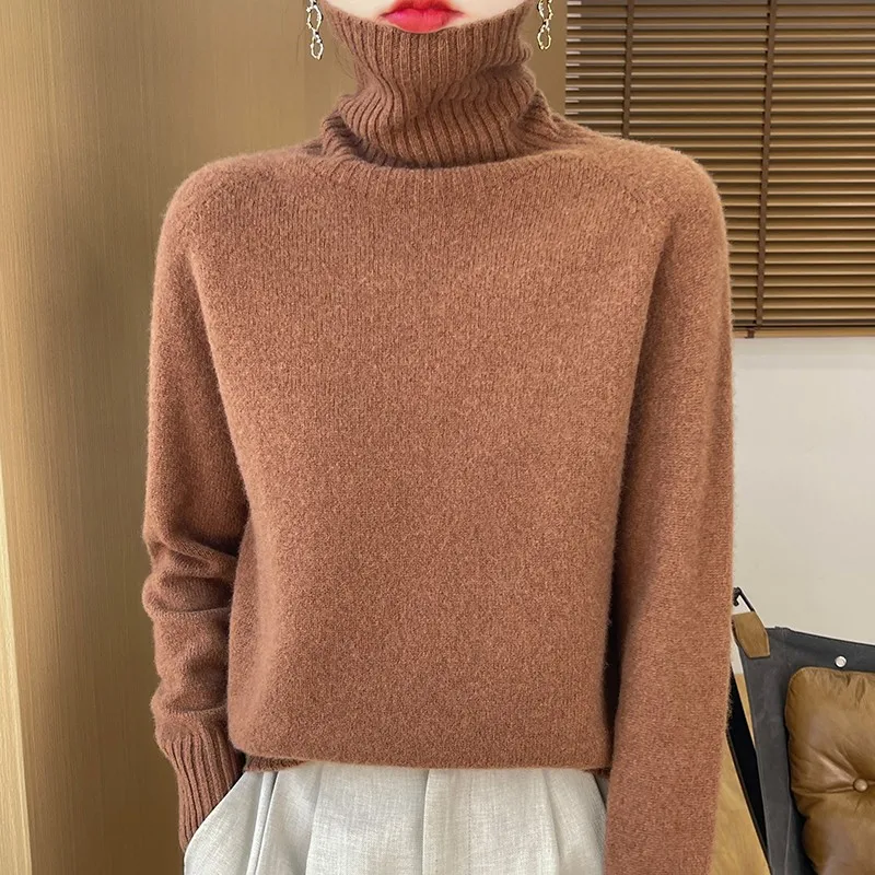 Sweter damski z wełny merynosowej 100% długi rękaw Brązowy