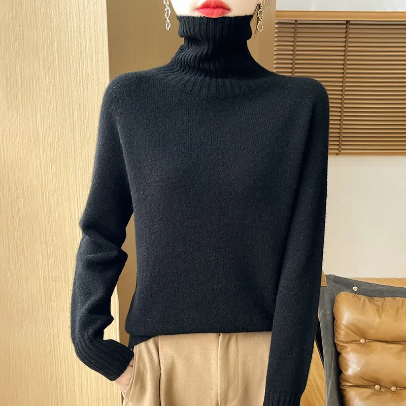 Sweter damski z wełny merynosowej 100% długi rękaw Czarny