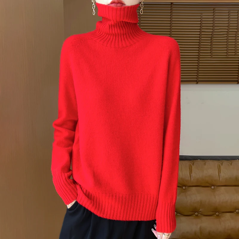 Sweter damski z wełny merynosowej 100% długi rękaw Czerwony