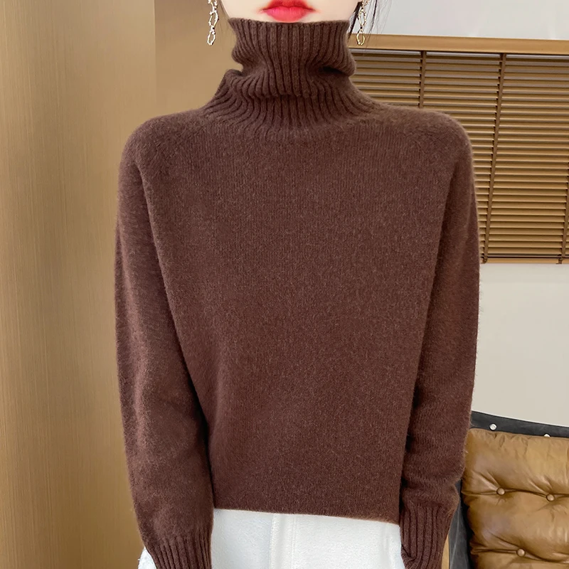 Sweter damski z wełny merynosowej 100% długi rękaw Kolor czekoladowy