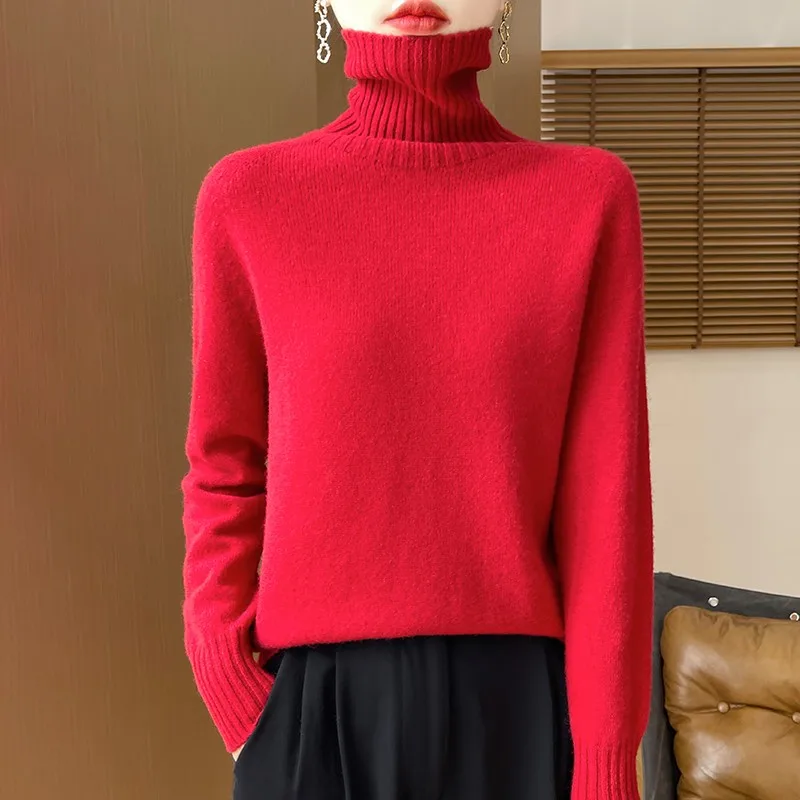 Sweter damski z wełny merynosowej 100% długi rękaw Róża czerwona
