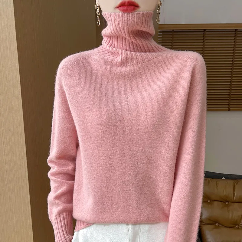 Sweter damski z wełny merynosowej 100% długi rękaw Różowy