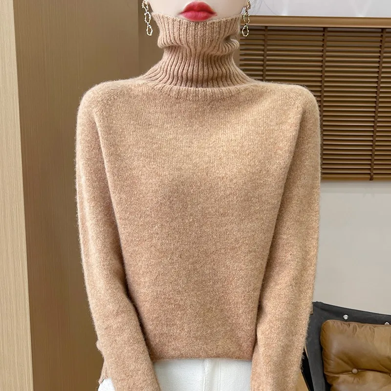 Sweter damski z wełny merynosowej 100% długi rękaw Szampan