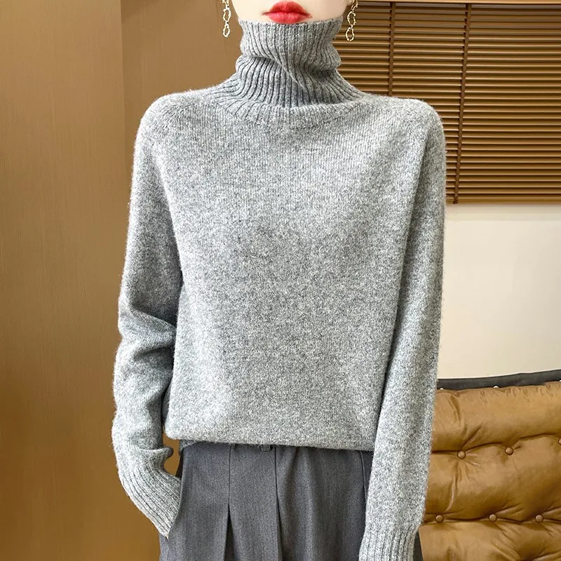 Sweter damski z wełny merynosowej 100% długi rękaw Szary