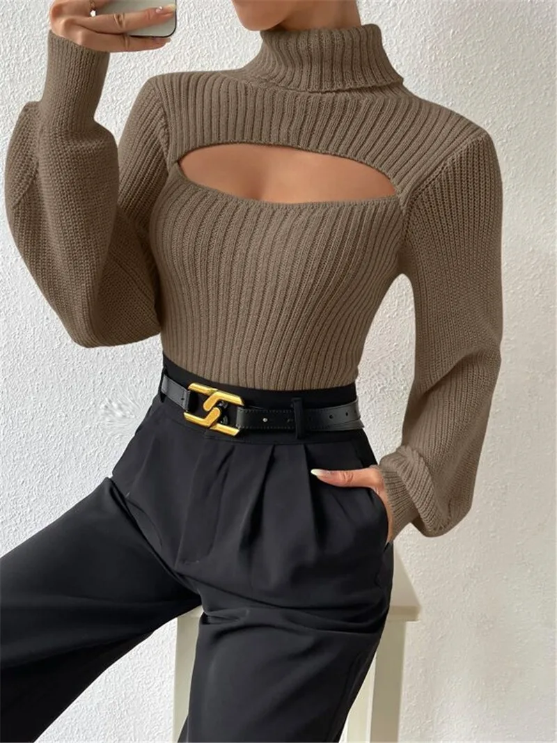 Sweter damski z wycięciem na dekolcie – luźny seksowny fason Khaki