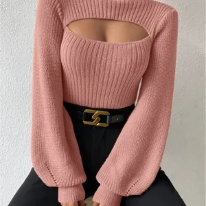 Sweter damski z wycięciem na dekolcie – luźny seksowny fason Różowy