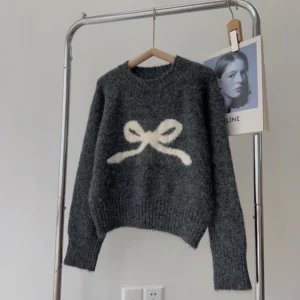 Sweter damski żakardowy z muszką, koreański styl, ciepły i modny Ciemnoszary
