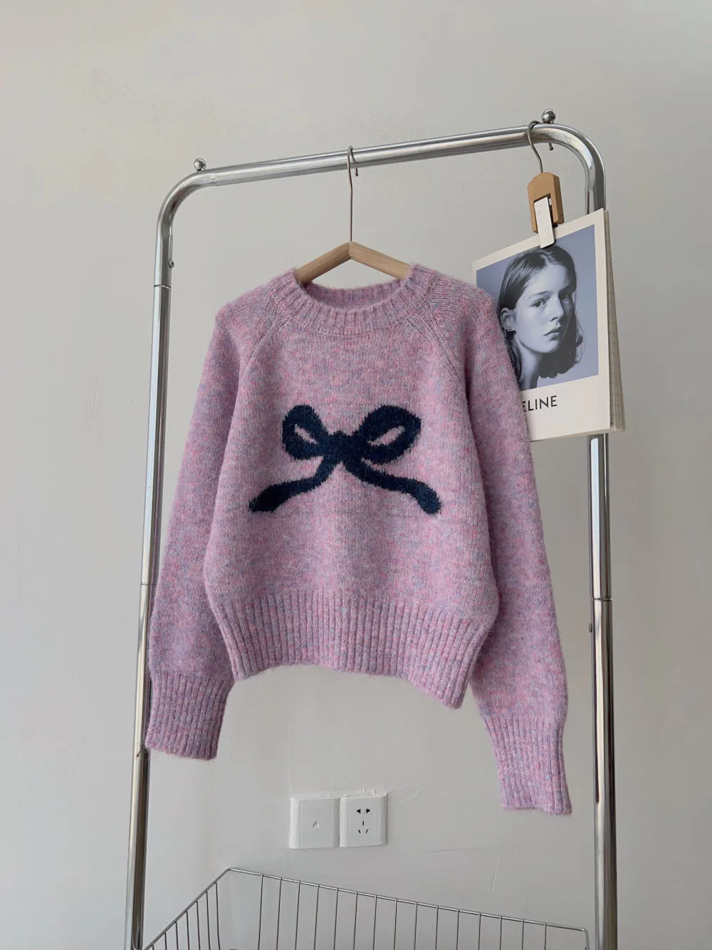 Sweter damski żakardowy z muszką, koreański styl, ciepły i modny Fioletowy